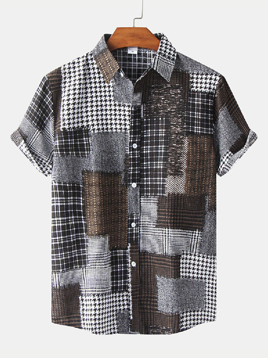 Men's Patchwork plaid short sleeve shirt