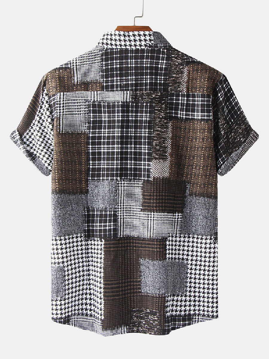 Men's Patchwork plaid short sleeve shirt