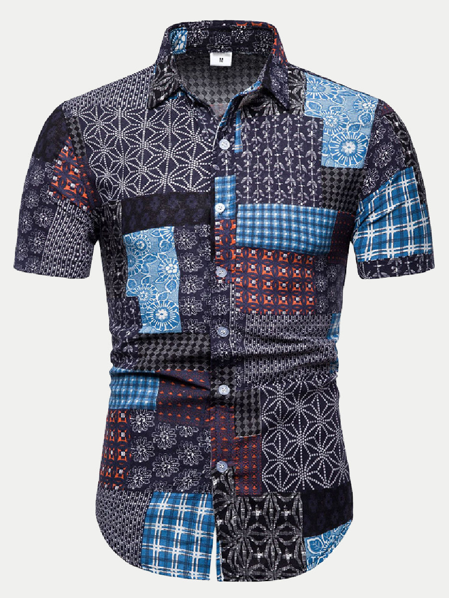 Men's Spliced floral short sleeve shirt