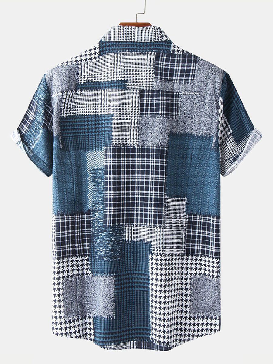 Men's Patchwork plaid short sleeve shirt