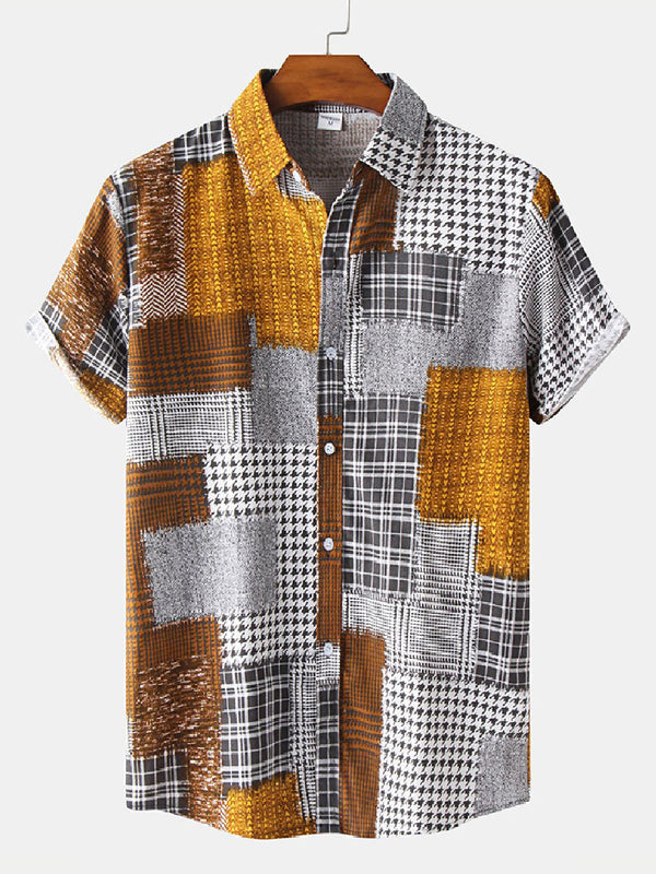 Men's Patchwork plaid short sleeve shirt