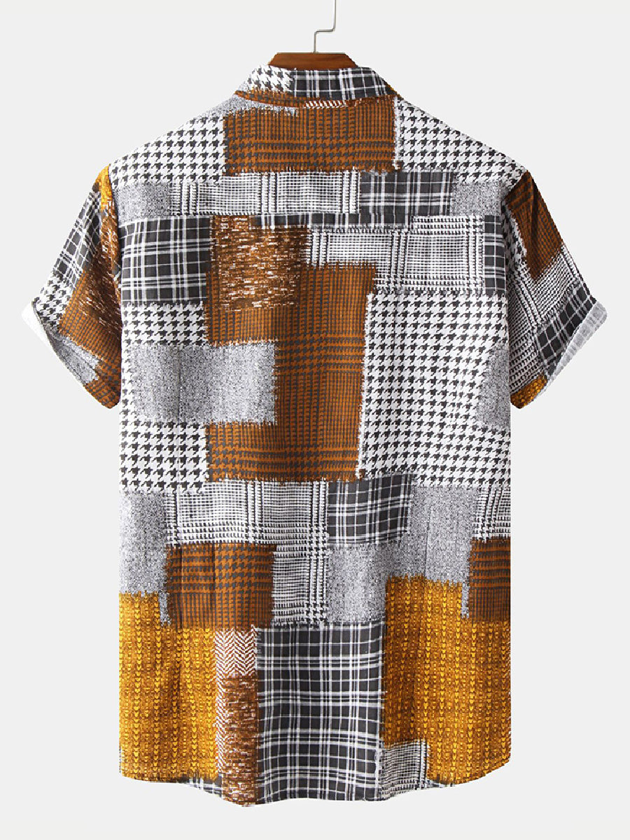 Men's Patchwork plaid short sleeve shirt